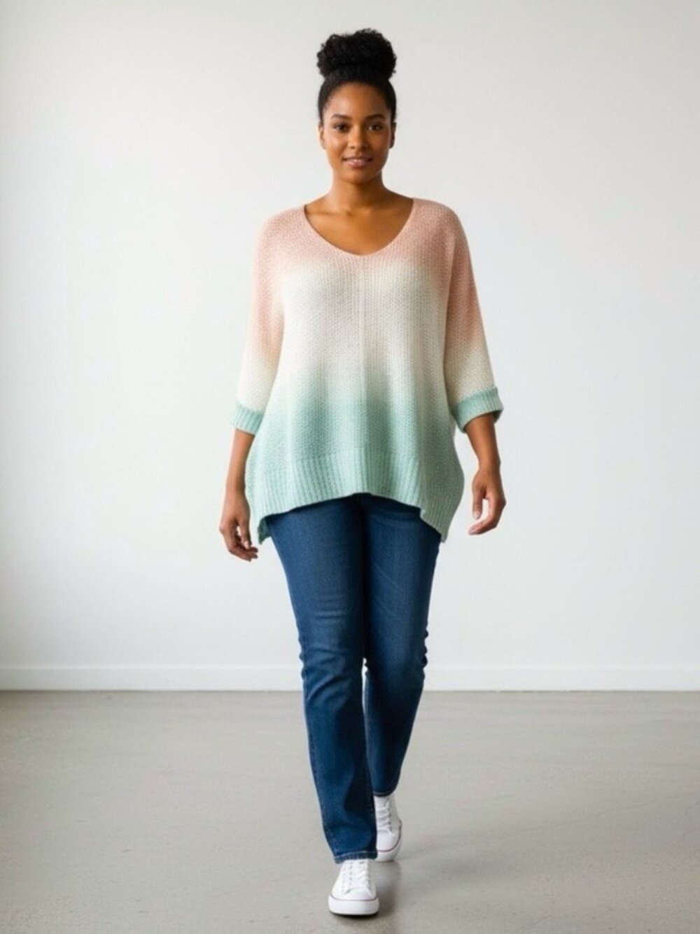 She + Sky Ombre 3/4 Cuff Sleeve Dip Dyed Knit Sweater OS Peach Green